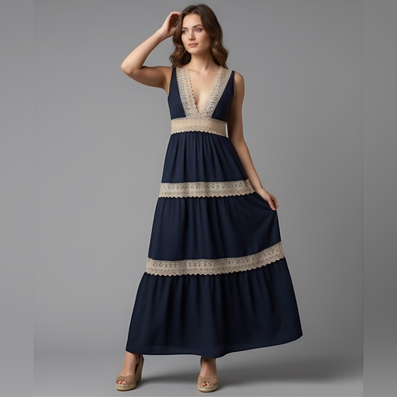 Boho Deep V-Neck Lace Trimmed Sleeveless Dress Blue - Picture 1 of 9